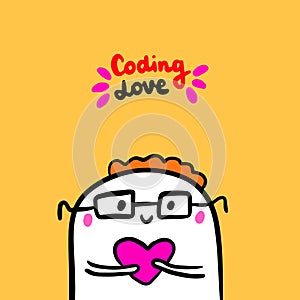 Coding love hand drawn  illustration in cartoon style. Man programmer holding heart