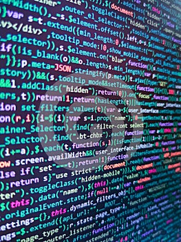 IT coding on monitor screen. Programmer occupation. Concept screen of experienced web developer. Programming source code abstract