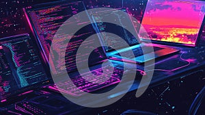 Coding multiple screens displaying neon cyberpunk technology