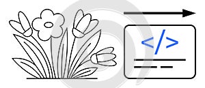 Coding and Nature Concept with Flowers and Programming Symbol