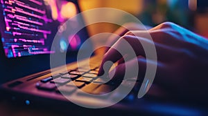 Coding in Neon Hands on Keyboard Lit by Digital Glow Programming a Software for the Future