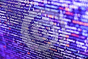 Coding programmer abstract background. Displaying program code on computer. Programmer occupation. Computer script coding source