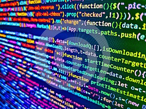 Coding programmer abstract background. Screenshot with random parts of program code. Information technology website coding photo