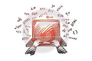Coding, programmer, laptop, internet, work concept. Hand drawn isolated .