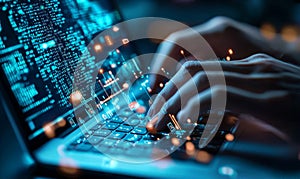 A coding programmer working on a laptop, circuit board, and virtual JavaScript screen - Software Development, Digital