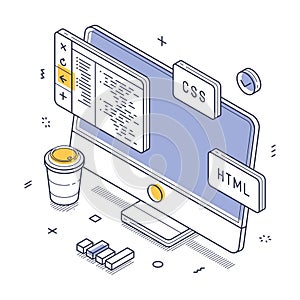 Coding programming with a computer and design elements for web development isometric line art