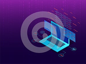 Coding and programming concept, isometric illustration of laptop