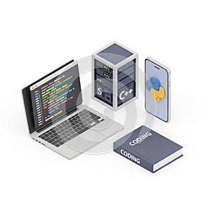 Coding and Programming Concept with Laptop, Server, Smartphone, and Book