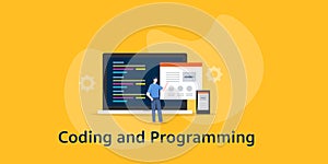 Web developer working on website, mobile application coding and programming language. Software engineering concept.