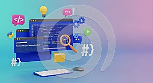 Coding Programming Development Concept. Web Software Solution with Code Screen, Mouse, Icons.