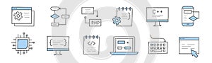 Coding and programming doodle icons vector set