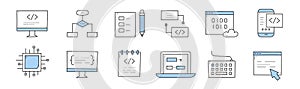 Coding and programming doodle icons vector set