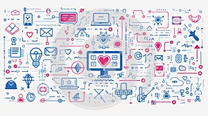 Coding and programming icons. Software development algorithm scheme. Computer monitor, laptop, microcircuit chip and