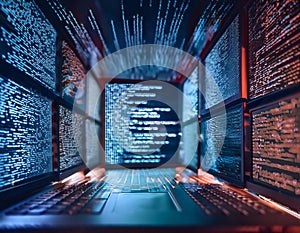 Coding and programming practices, featuring elements like computer screens with code, programming languages, and coding symbols,