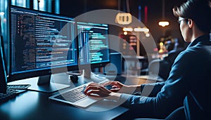 Coding and programming practices, featuring elements like computer screens with code, programming languages, and coding symbols,
