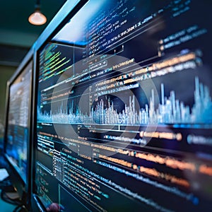 Coding and programming practices, featuring elements like computer screens with code, programming languages, and coding symbols,
