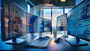 Coding and programming practices, featuring elements like computer screens with code, programming languages, and coding symbols,
