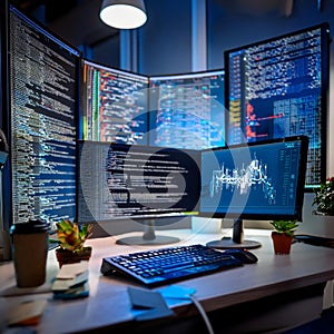 Coding and programming practices, featuring elements like computer screens with code, programming languages, and coding symbols,