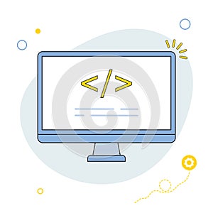 Coding and programming software on window computer screen concept, vector flat design illustration