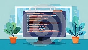 coding and programming software on window computer screen concept, vector flat design illustration