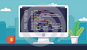 coding and programming software on window computer screen concept, vector flat design illustration