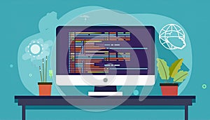 coding and programming software on window computer screen concept, vector flat design illustration