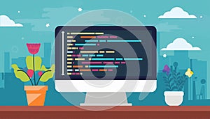 coding and programming software on window computer screen concept, vector flat design illustration