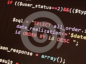 Coding programming source code screen. Abstract technology background. Cyber attack or security concept. Hacker monitor program.