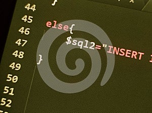 Coding programming source code screen. Abstract technology background. Cyber attack or security concept. Hacker monitor program.