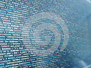 Coding programming source code screen. Abstract technology background. Cyber attack or security concept. Hacker monitor program.