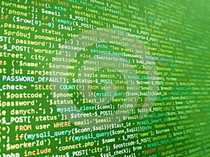 Coding programming source code screen. Abstract technology background. Cyber attack or security concept. Hacker monitor program.