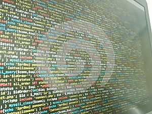 Coding programming source code screen. Abstract technology background. Cyber attack or security concept. Hacker monitor program.