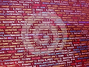 Coding programming source code screen. Abstract technology background. Cyber attack or security concept. Hacker monitor program.