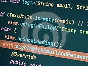 Coding programming source code screen. Abstract technology background. Cyber attack or security concept. Hacker monitor program.