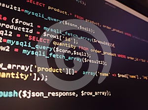 Coding programming source code screen. Abstract technology background. Cyber attack or security concept. Hacker monitor program.