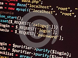 Coding programming source code screen. Abstract technology background. Cyber attack or security concept. Hacker monitor program.