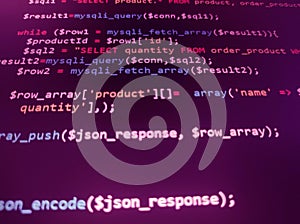 Coding programming source code screen. Abstract technology background. Cyber attack or security concept. Hacker monitor program.