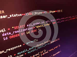 Coding programming source code screen. Abstract technology background. Cyber attack or security concept. Hacker monitor program.