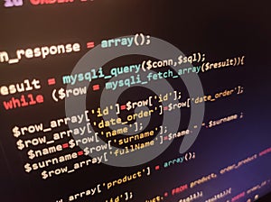 Coding programming source code screen. Abstract technology background. Cyber attack or security concept. Hacker monitor program.