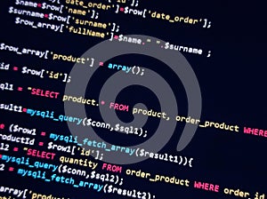 Coding programming source code screen. Abstract technology background. Cyber attack or security concept. Hacker monitor program.