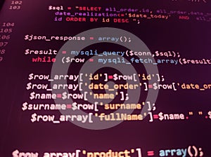 Coding programming source code screen. Abstract technology background. Cyber attack or security concept. Hacker monitor program.