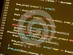 Coding programming source code screen. Abstract technology background. Cyber attack or security concept. Hacker monitor program.