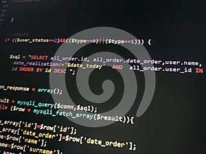 Coding programming source code screen. Abstract technology background. Cyber attack or security concept. Hacker monitor program.