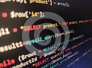 Coding programming source code screen. Abstract technology background. Cyber attack or security concept. Hacker monitor program.
