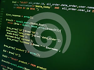 Coding programming source code screen. Abstract technology background. Cyber attack or security concept. Hacker monitor program.