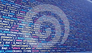 Coding programming source code screen. Abstract technology background. Cyber attack or security concept. Hacker monitor program.
