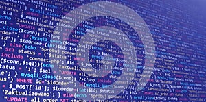 Coding programming source code screen. Abstract technology background. Cyber attack or security concept. Hacker monitor program.