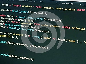 Coding programming source code screen. Abstract technology background. Cyber attack or security concept. Hacker monitor program.