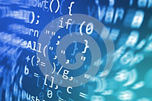 Coding programming source code screen. Colorful abstract data display. Software developer web program script.