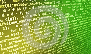 Coding programming source code screen. Colorful abstract data display. Software developer web program script.